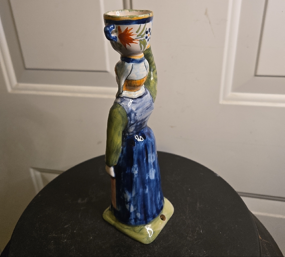 Vintage Henriot Quimper Ceramic Candlestick France Pottery French Woman - Picture 4 of 11